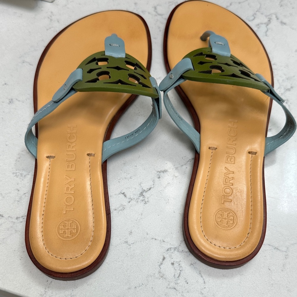 Gorgeous Tory Burch Blue and Olive Sandals - Picture 2 of 5